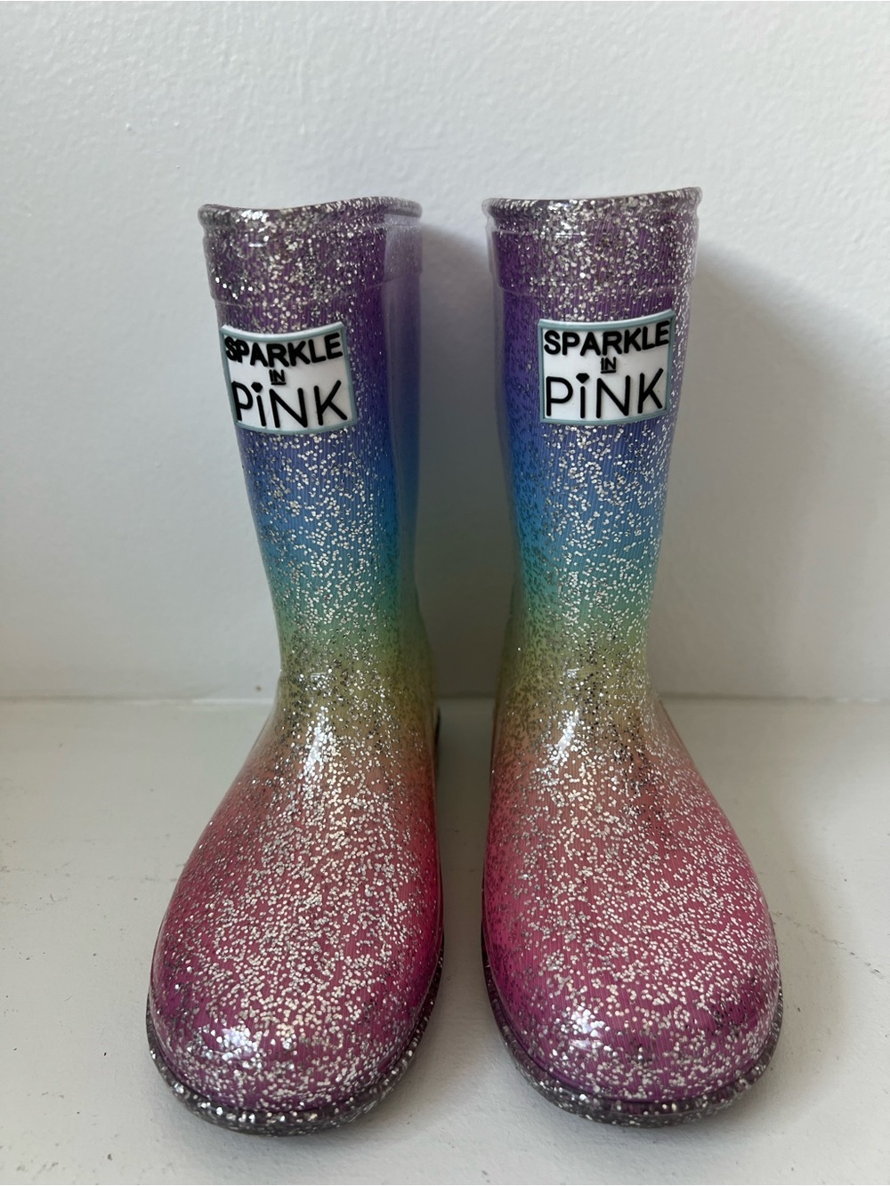 Sparkle In Pink Girls' Rainbow Glitter Rain Boots - Size 12